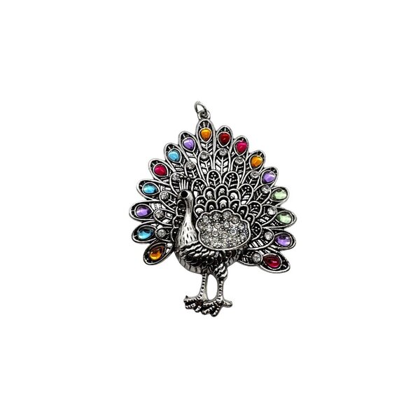Peacock Pendant With Multicolored Rhinestones & Silver Tone Statement Jewelry - Picture 1 of 5